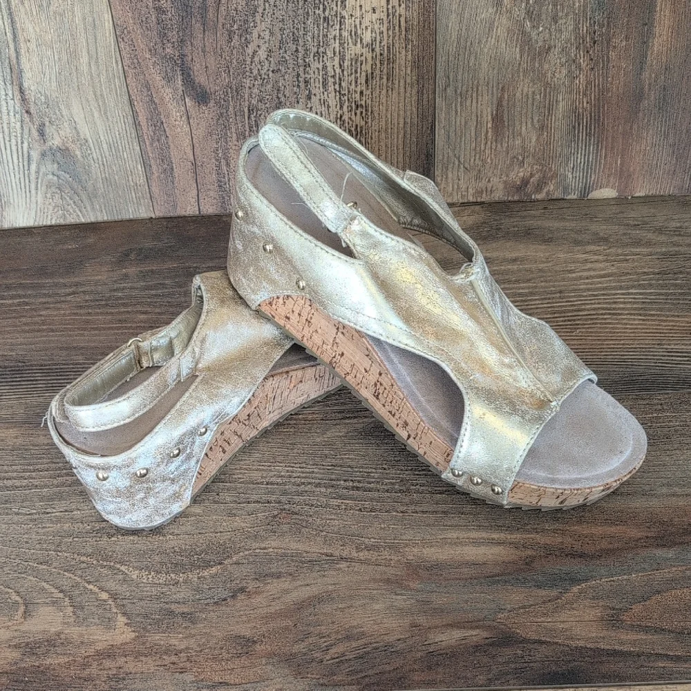 Pierre Dumas Cork Wedge Metallic Gold Slingback Sandals 10M         AB111